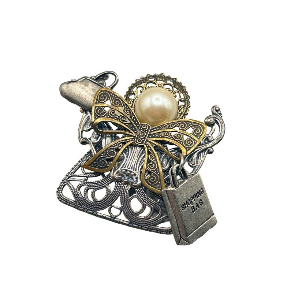 Vintage Assemblage Handmade Angel w Shopping Bag Pin Brooch Filigree Components